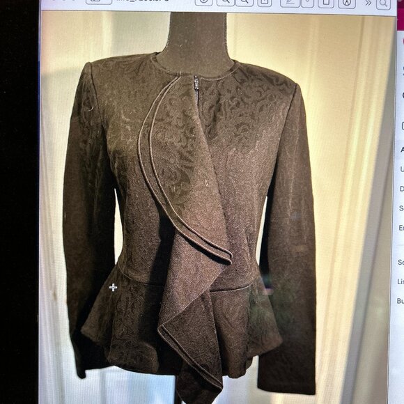 St. John Black Jacquard Peplum Jacket with draped Ruffle Front, Sz 6 - Picture 2 of 9